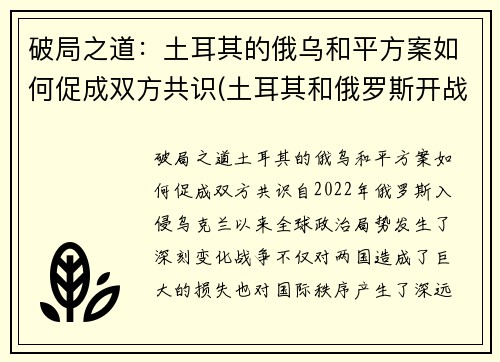 破局之道：土耳其的俄乌和平方案如何促成双方共识(土耳其和俄罗斯开战)